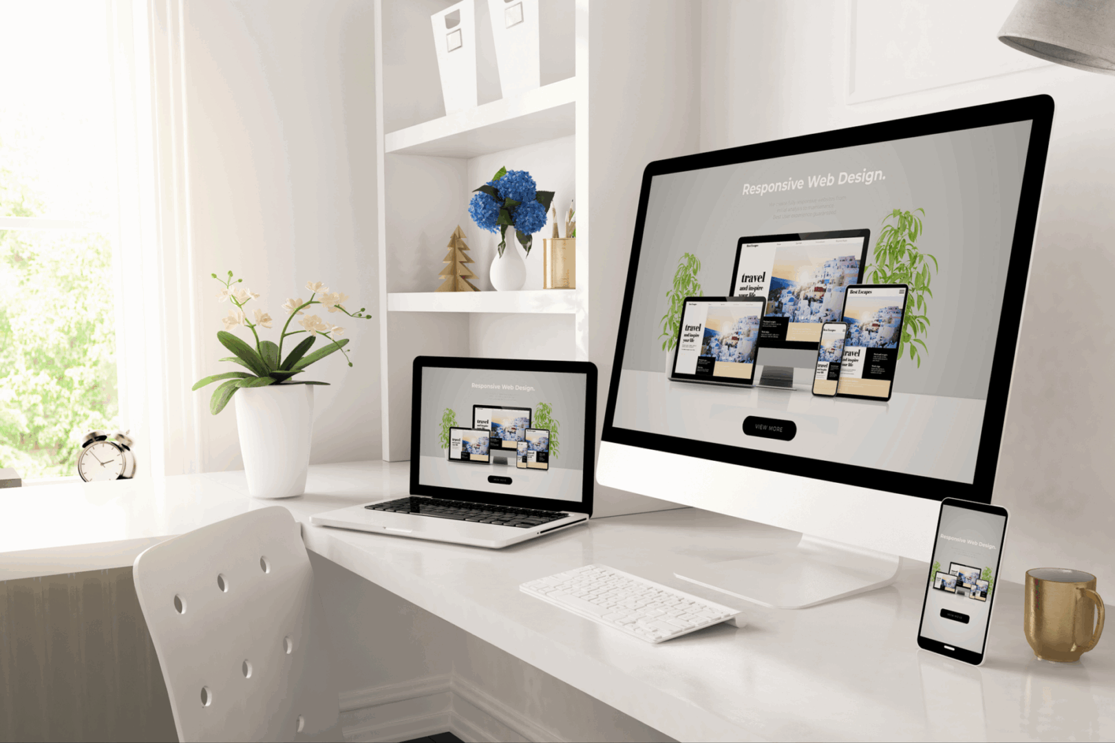Modern workspace with multiple devices