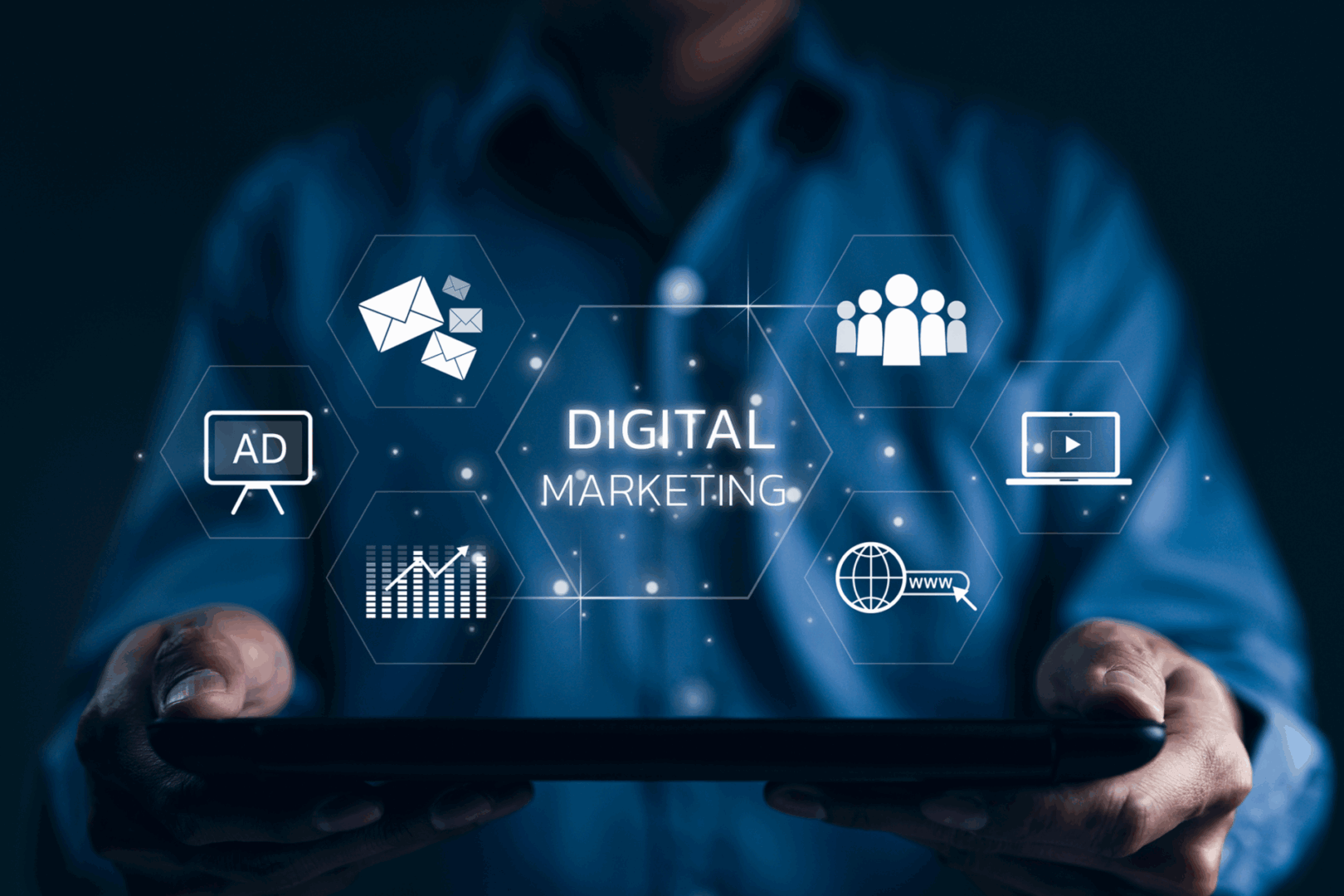 Person holding digital marketing hologram